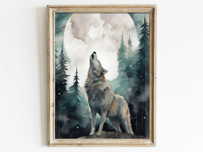 Wolf Art Print, Forest Moon Scene, Woodland Wall Decor, Watercolor Design - WildfieldPrints
