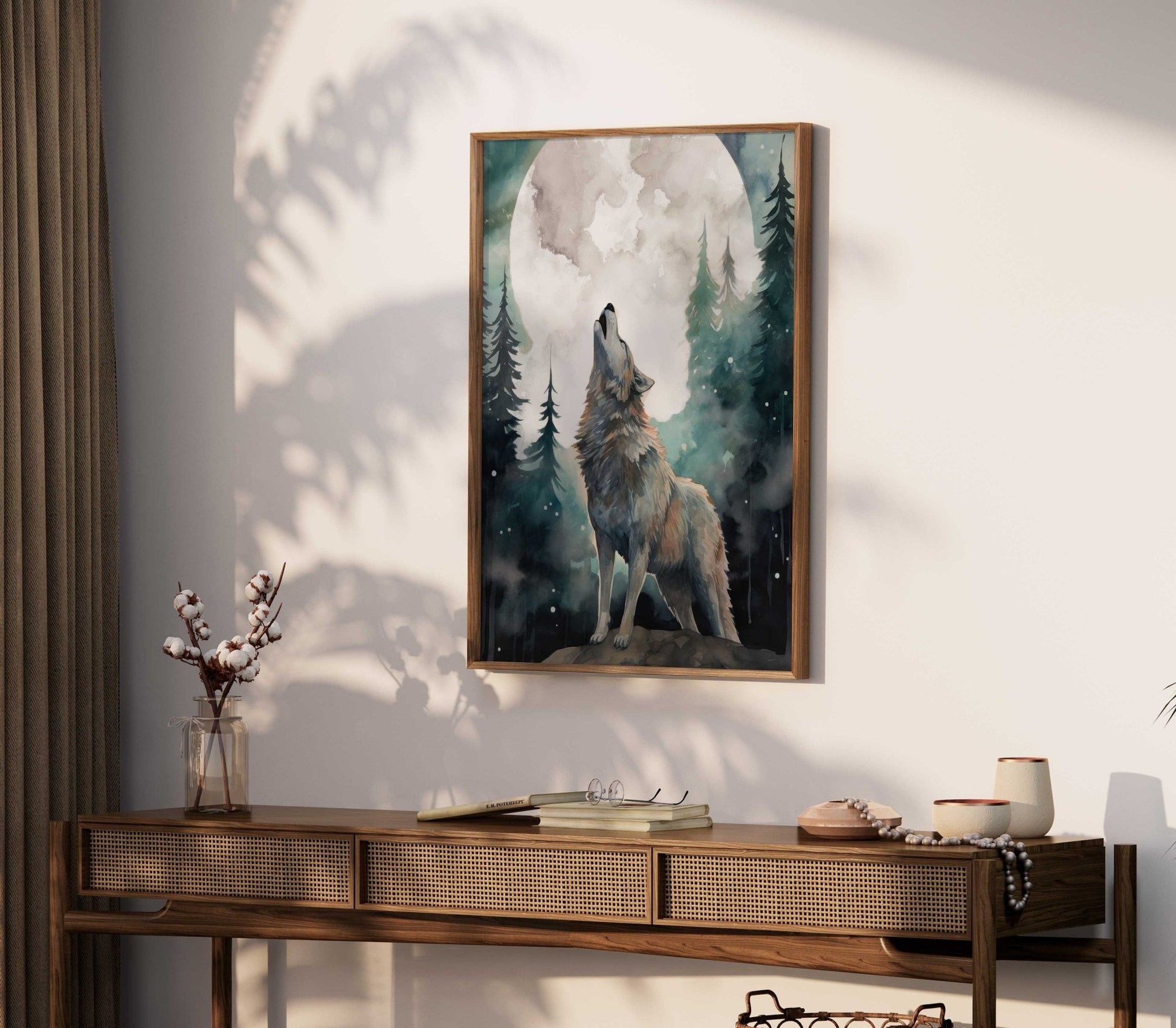 Wolf Art Print, Forest Moon Scene, Woodland Wall Decor, Watercolor Design - WildfieldPrints