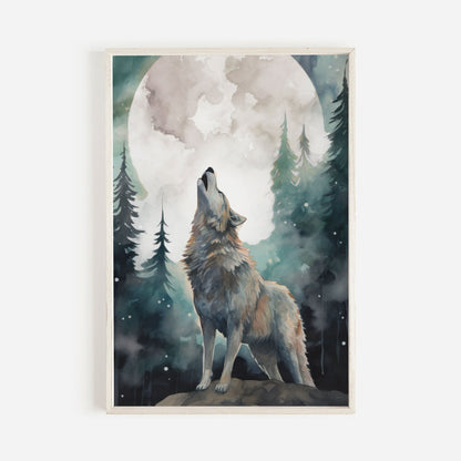 Wolf Art Print, Forest Moon Scene, Woodland Wall Decor, Watercolor Design - WildfieldPrints