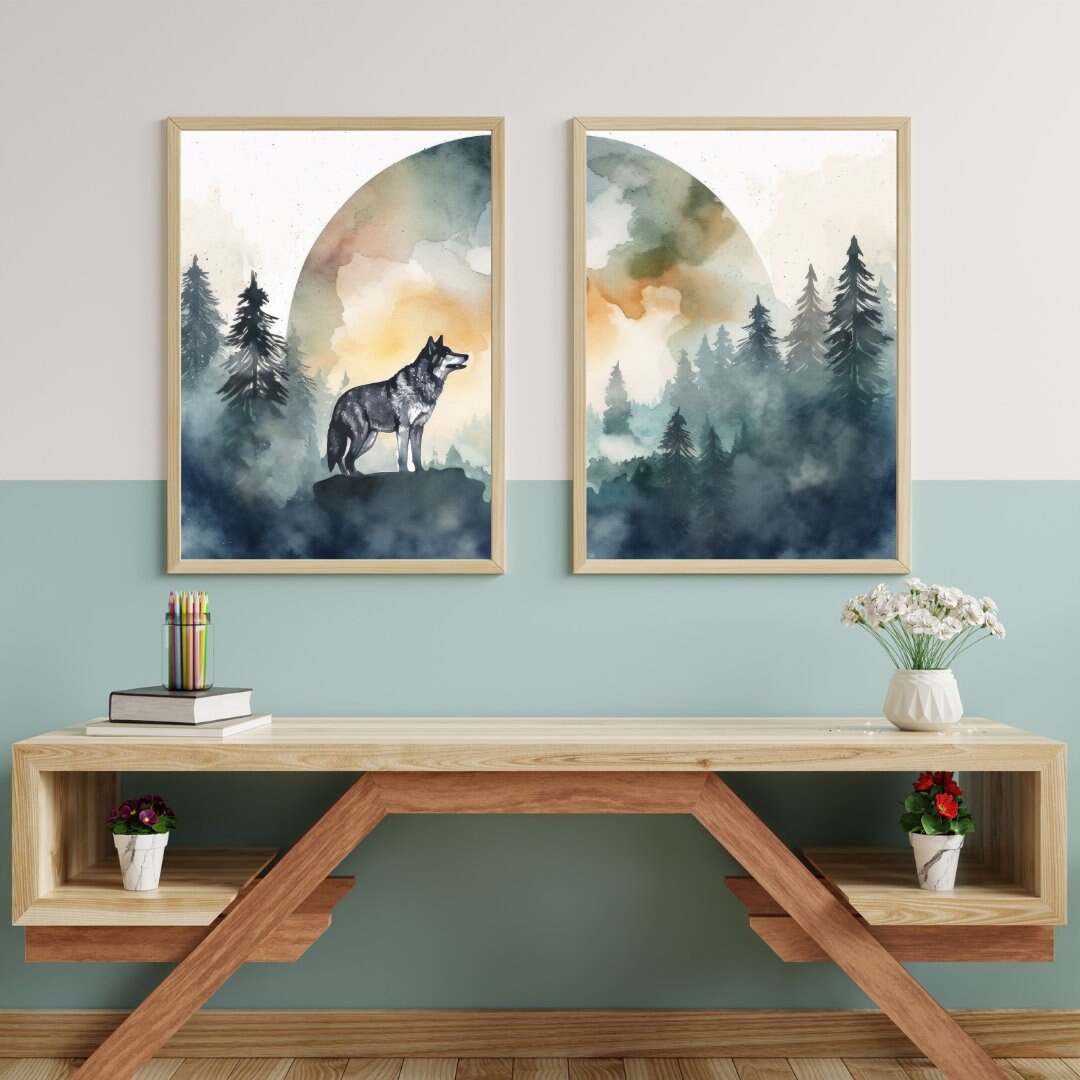 Watercolor Wolf Wall Art – Woodland Nursery Print • Set of 2