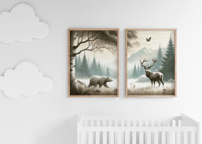 Woodland Animal Decor, Bear and Deer Wall Art, Forest Print Collection - WildfieldPrints