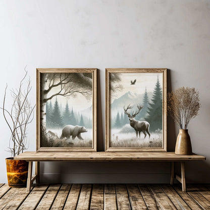 Woodland Animal Decor, Bear and Deer Wall Art, Forest Print Collection - WildfieldPrints