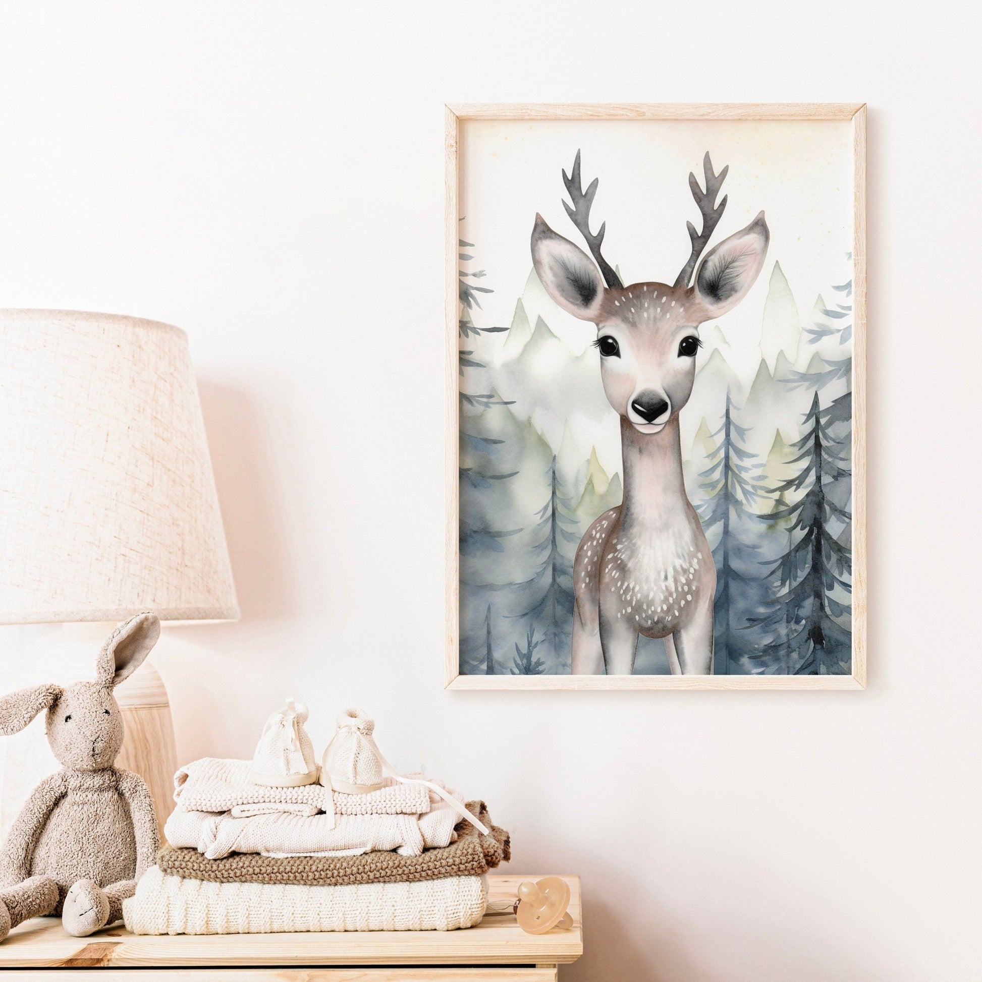 Woodland Animal Decor, Deer in Forest Print, Watercolor Art - WildfieldPrints