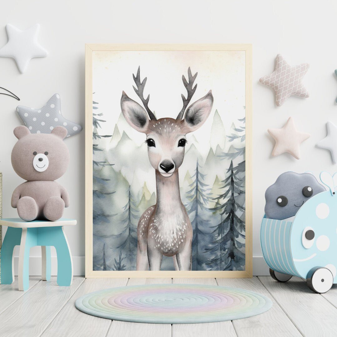 Woodland Animal Decor, Deer in Forest Print, Watercolor Art - WildfieldPrints