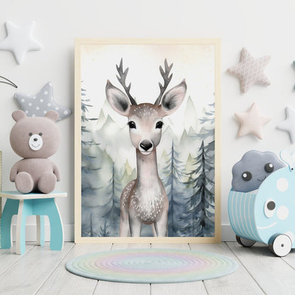 Woodland Animal Decor, Deer in Forest Print, Watercolor Art - WildfieldPrints