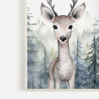 Woodland Animal Decor, Deer in Forest Print, Watercolor Art - WildfieldPrints