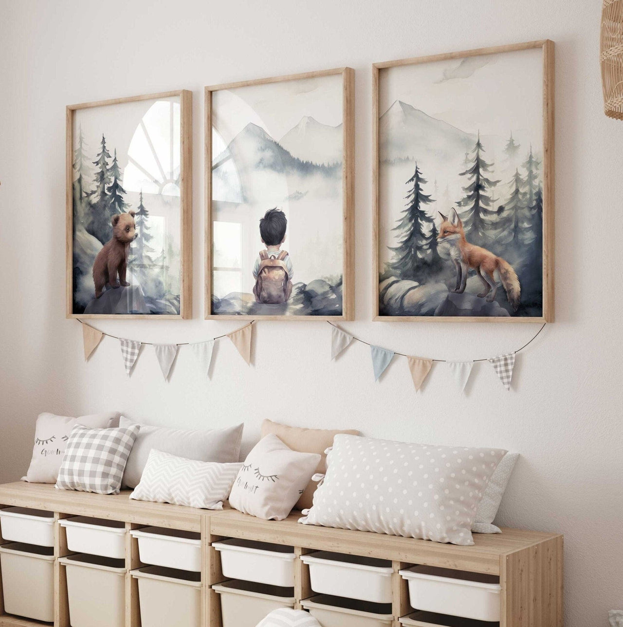 Woodland Bear & Fox Wall Art – Animal Boys Room Print • Set of 3
