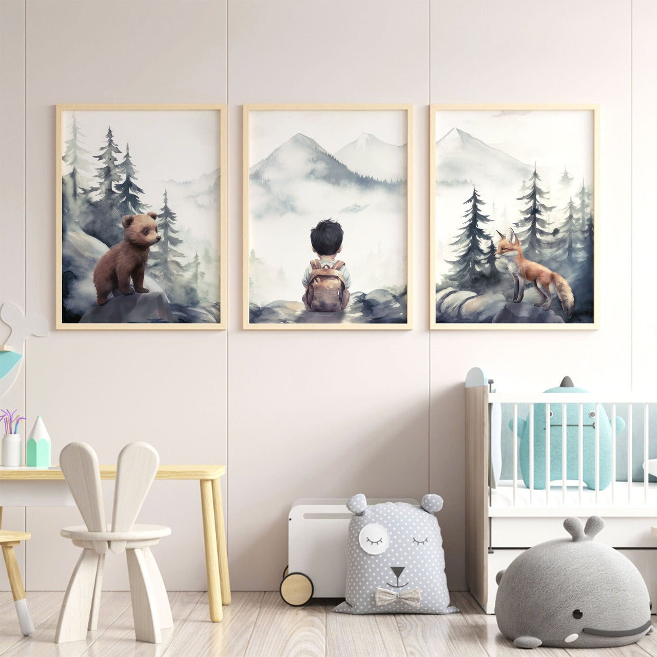 Woodland Bear & Fox Wall Art – Animal Boys Room Print • Set of 3