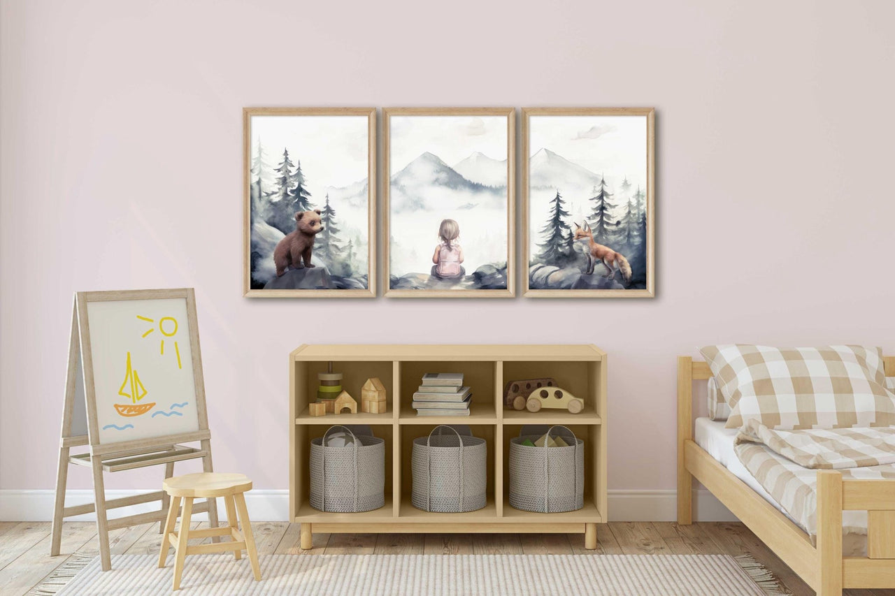 Woodland Animal Wall Art – Forest Nursery Prints for Girls • Set of 3