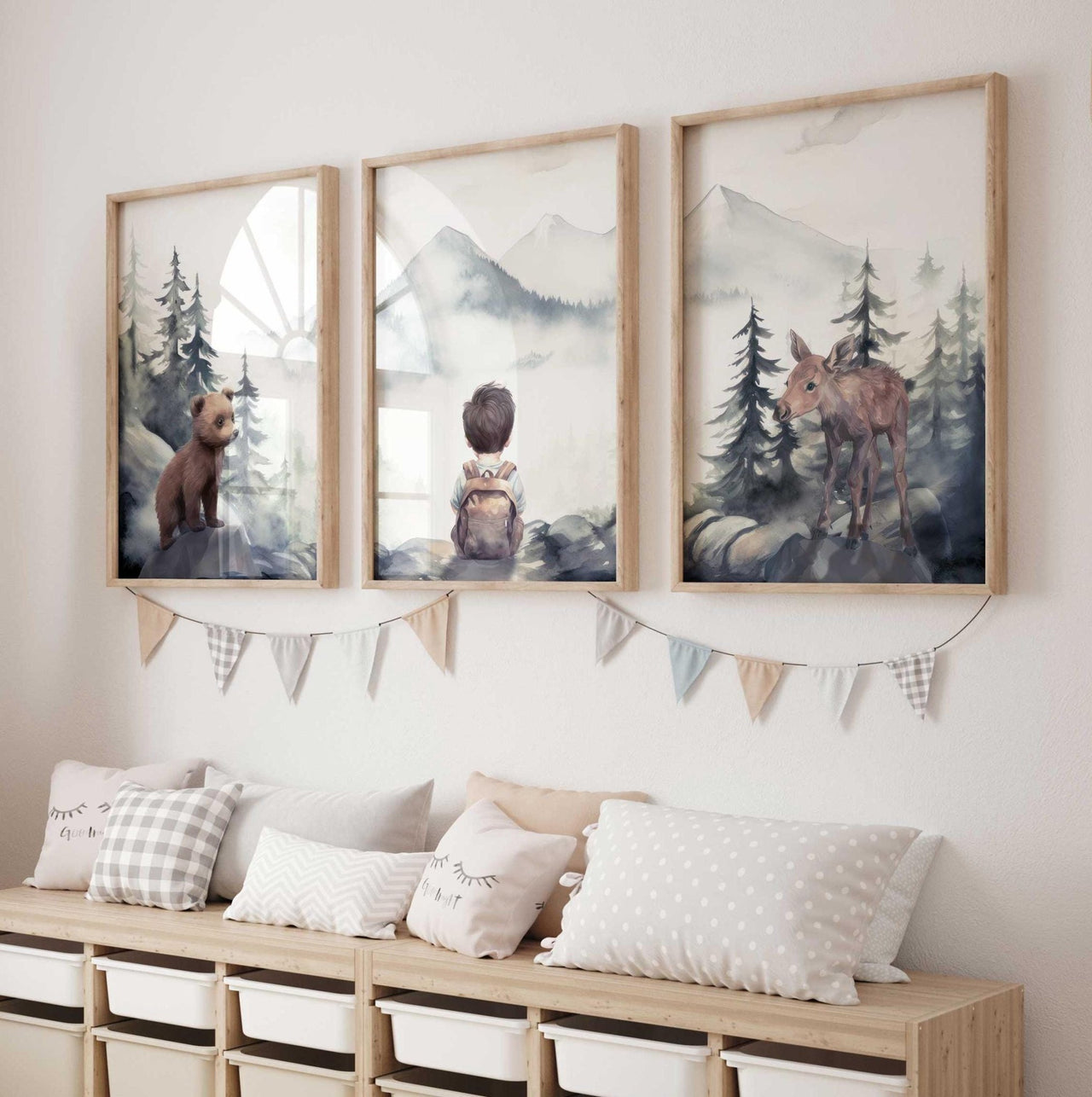 Woodland Bear & Moose Wall Art – Animal Boys Room Print • Set of 3