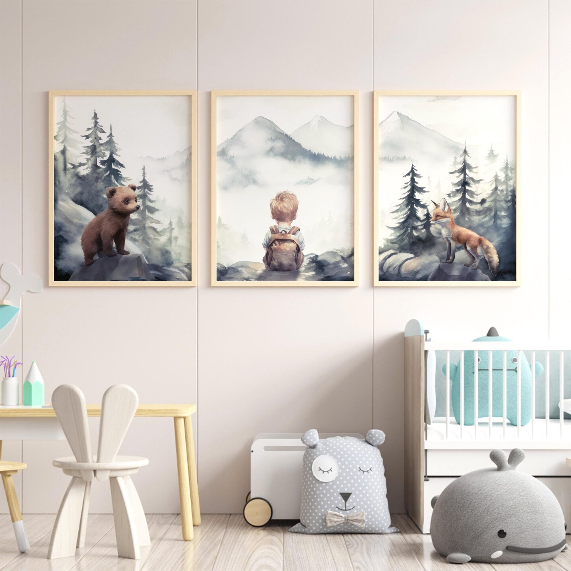 Woodland Animal Nursery Prints, Forest Decor, Bear & Fox Art - WildfieldPrints