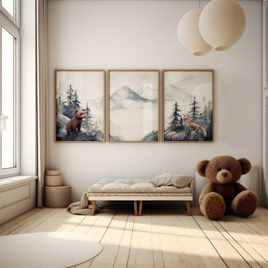 Woodland Animal Prints, Bear & Fox Decor, Boys Room Wall Art - WildfieldPrints