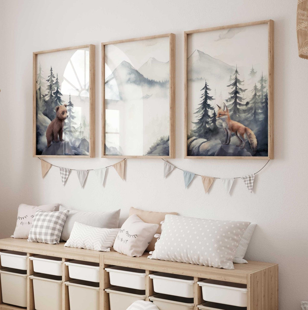 Bear and Fox Wall Art – Animal Boys Room Print • Set of 3