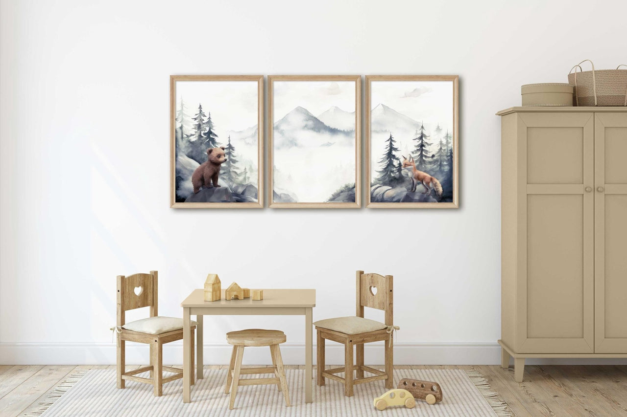 Bear and Fox Wall Art – Animal Boys Room Print • Set of 3
