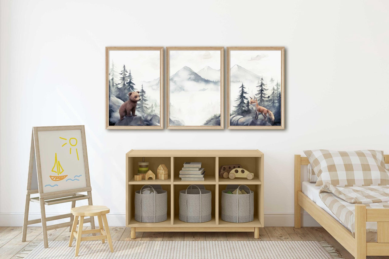 Bear and Fox Wall Art – Animal Boys Room Print • Set of 3