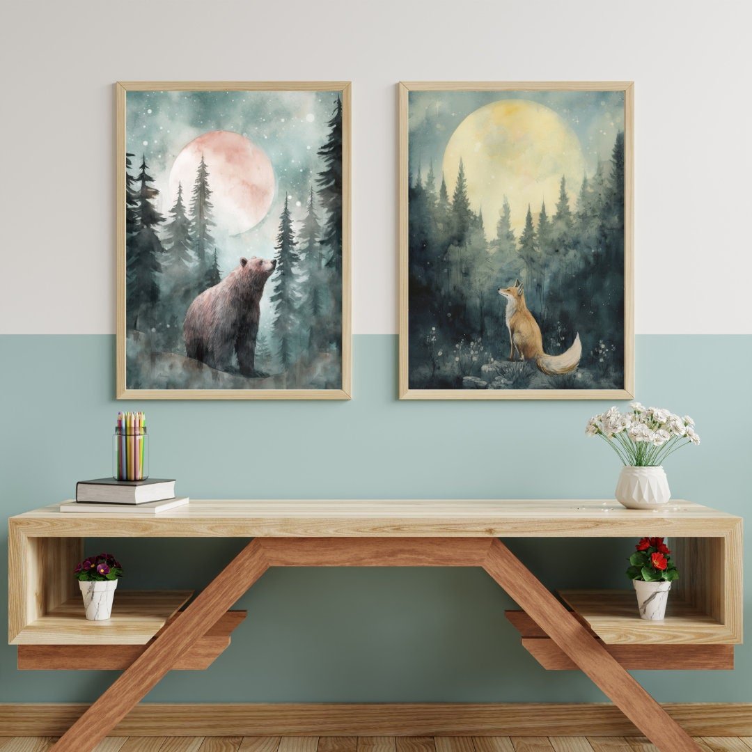 Woodland Animal Wall Art – Forest Nursery Prints for Kids Room • Set of 2