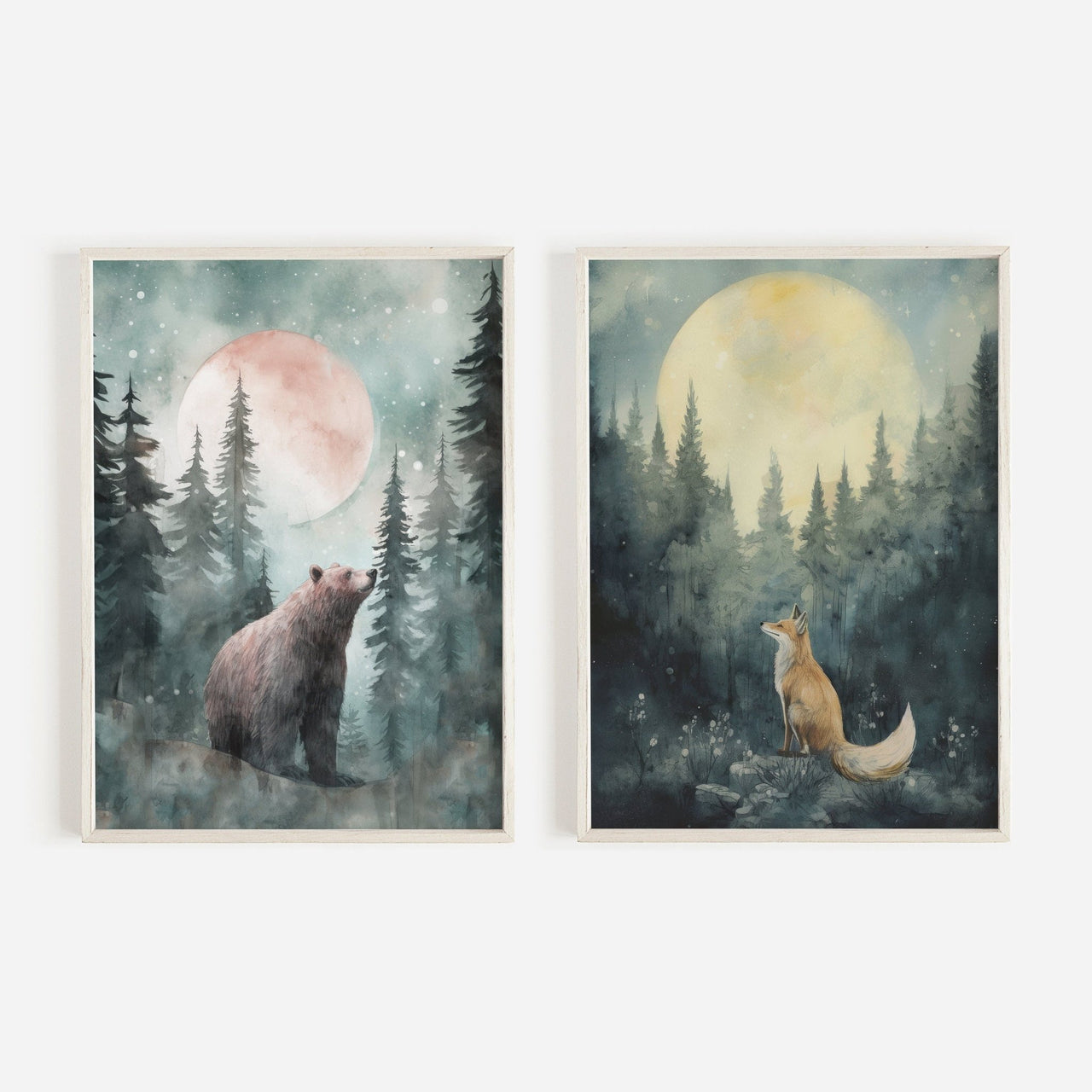 Woodland Animal Wall Art – Forest Nursery Prints for Kids Room • Set of 2