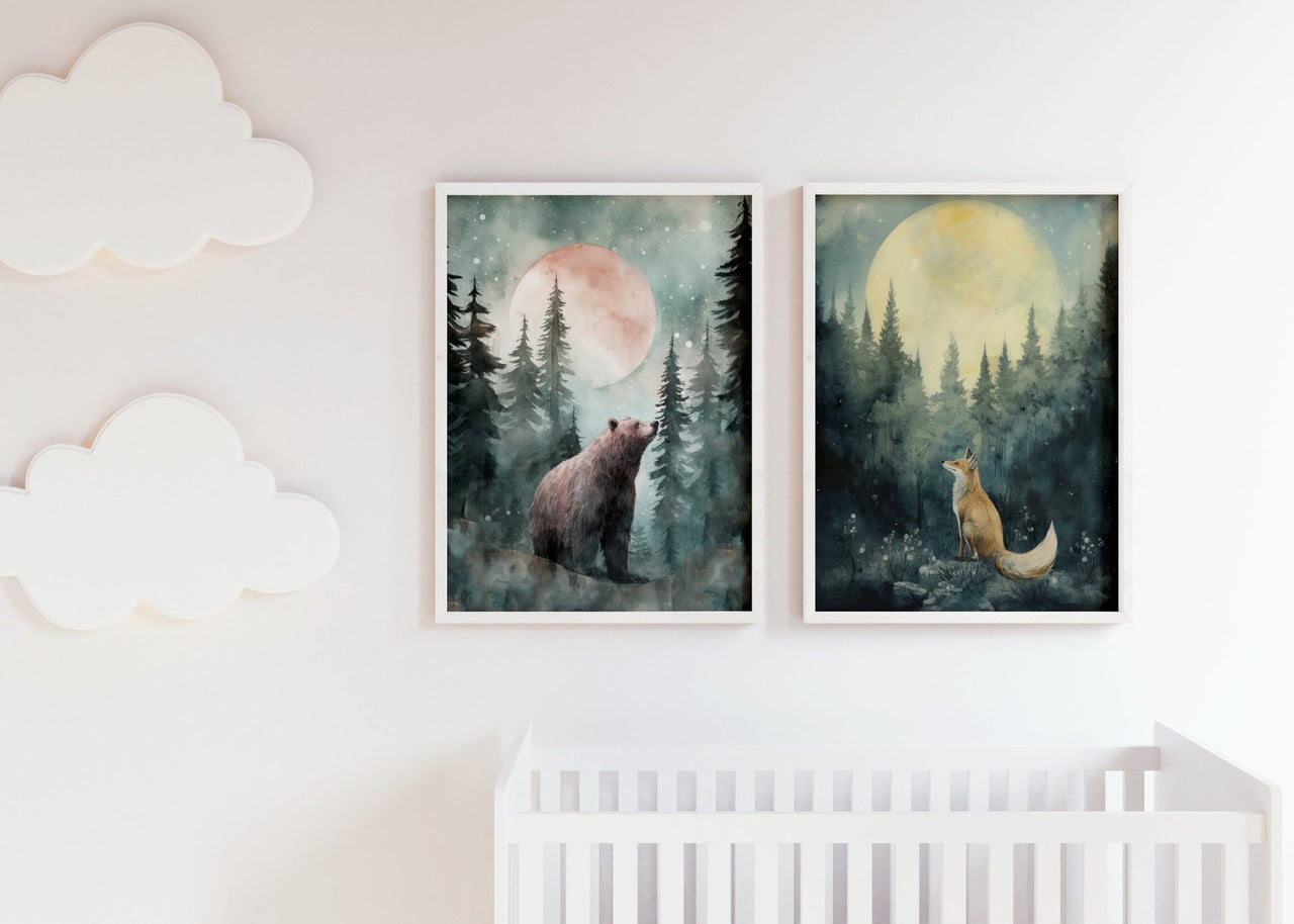 Woodland Animal Wall Art – Forest Nursery Prints for Kids Room • Set of 2