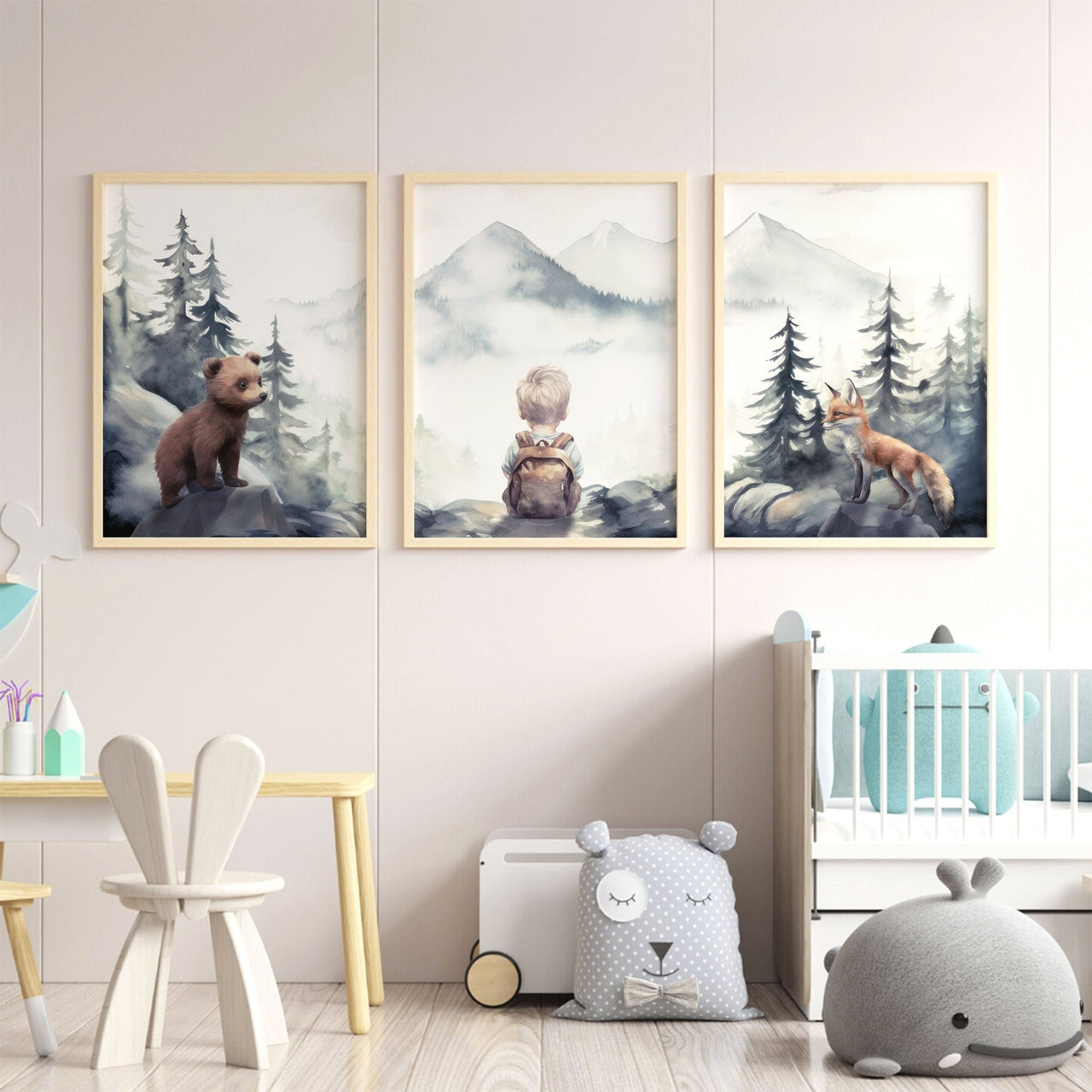 Woodland Animal Wall Art – Forest Boys Room Print • Set of 3