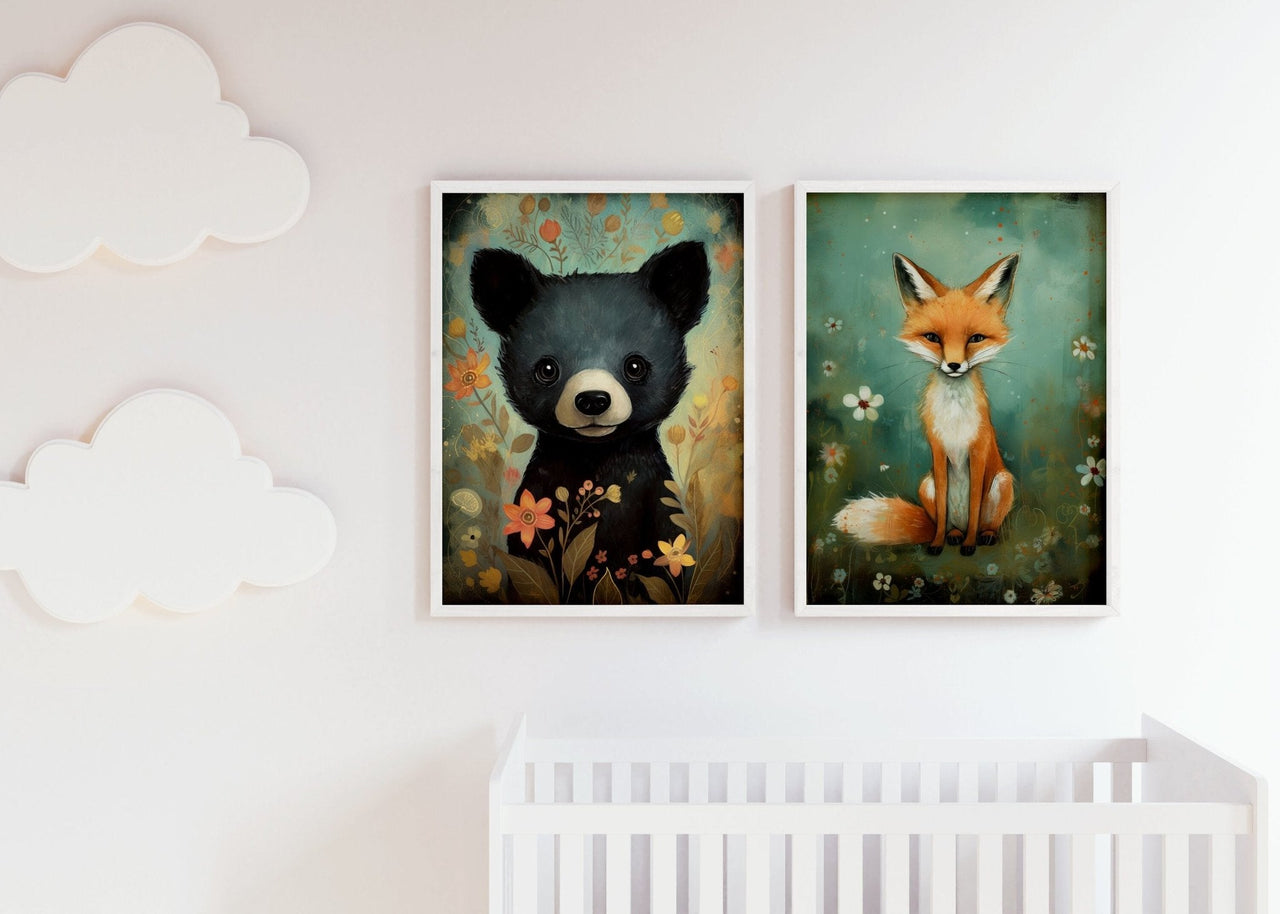 Woodland Animal Wall Art – Forest Nursery Print for Baby Room • Set of 2