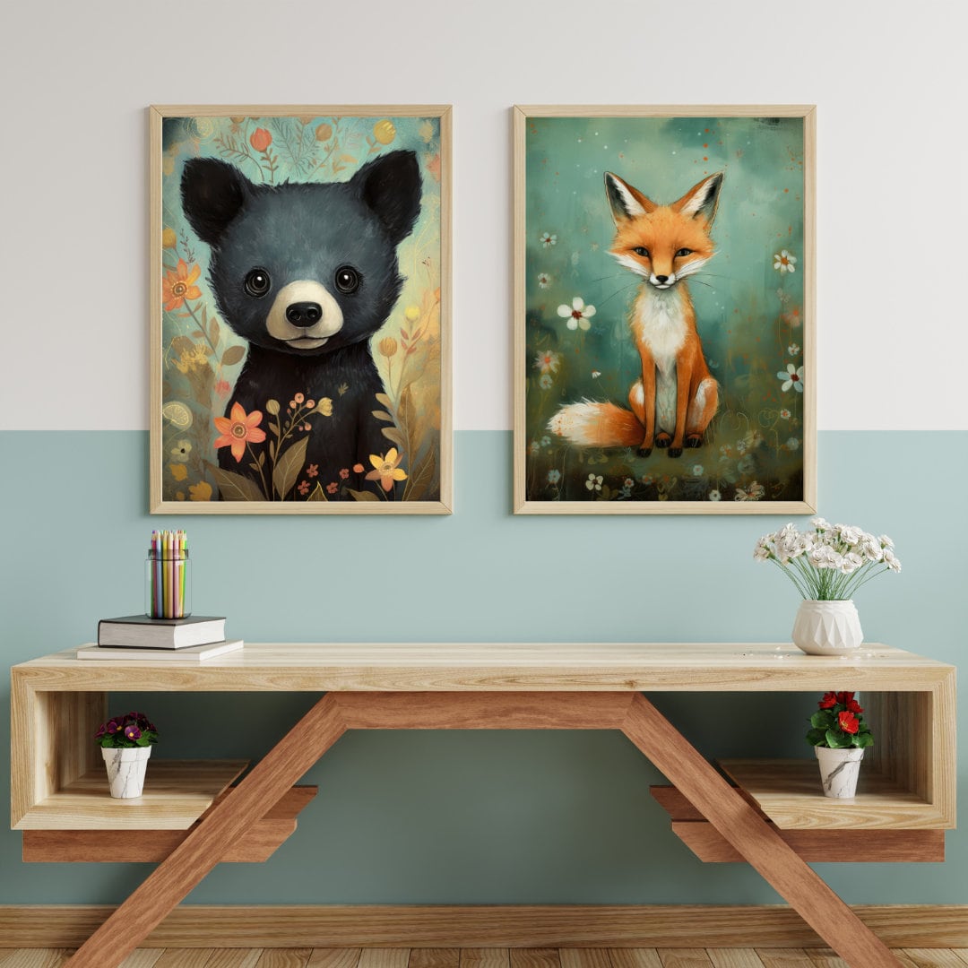 Woodland Animal Wall Art – Forest Nursery Print for Baby Room • Set of 2