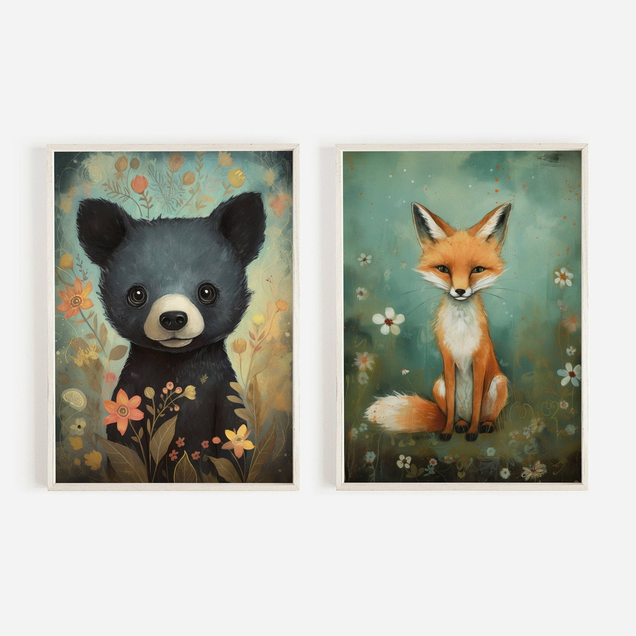 Woodland Animal Wall Art – Forest Nursery Print for Baby Room • Set of 2