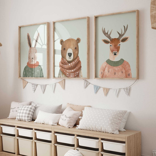 Woodland Animal Prints, Nursery Animal Decor, Bunny, Bear & Deer - WildfieldPrints