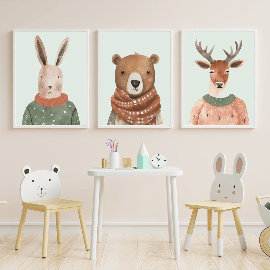 Woodland Animal Prints, Nursery Animal Decor, Bunny, Bear & Deer - WildfieldPrints