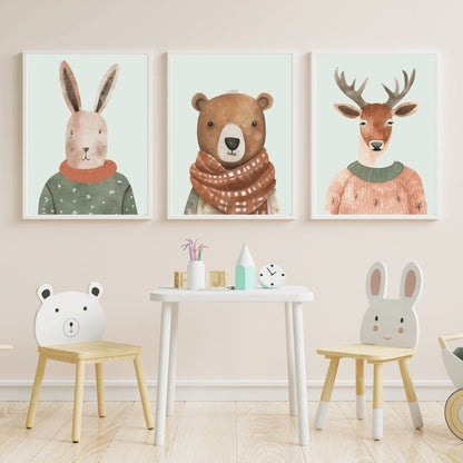 Woodland Animal Prints, Nursery Animal Decor, Bunny, Bear & Deer - WildfieldPrints