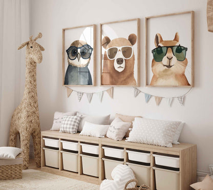 Woodland Animal Wall Art, Bear, Squirrel & Owl Prints, Kids Room Decor - WildfieldPrints