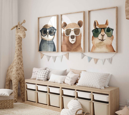 Woodland Animal Wall Art, Bear, Squirrel & Owl Prints, Kids Room Decor - WildfieldPrints