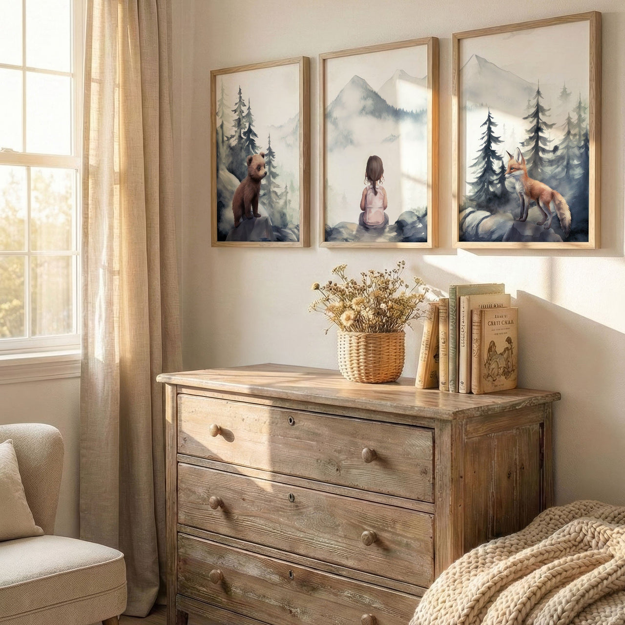 Woodland Animal Wall Art – Forest Nursery Prints for Girls • Set of 3