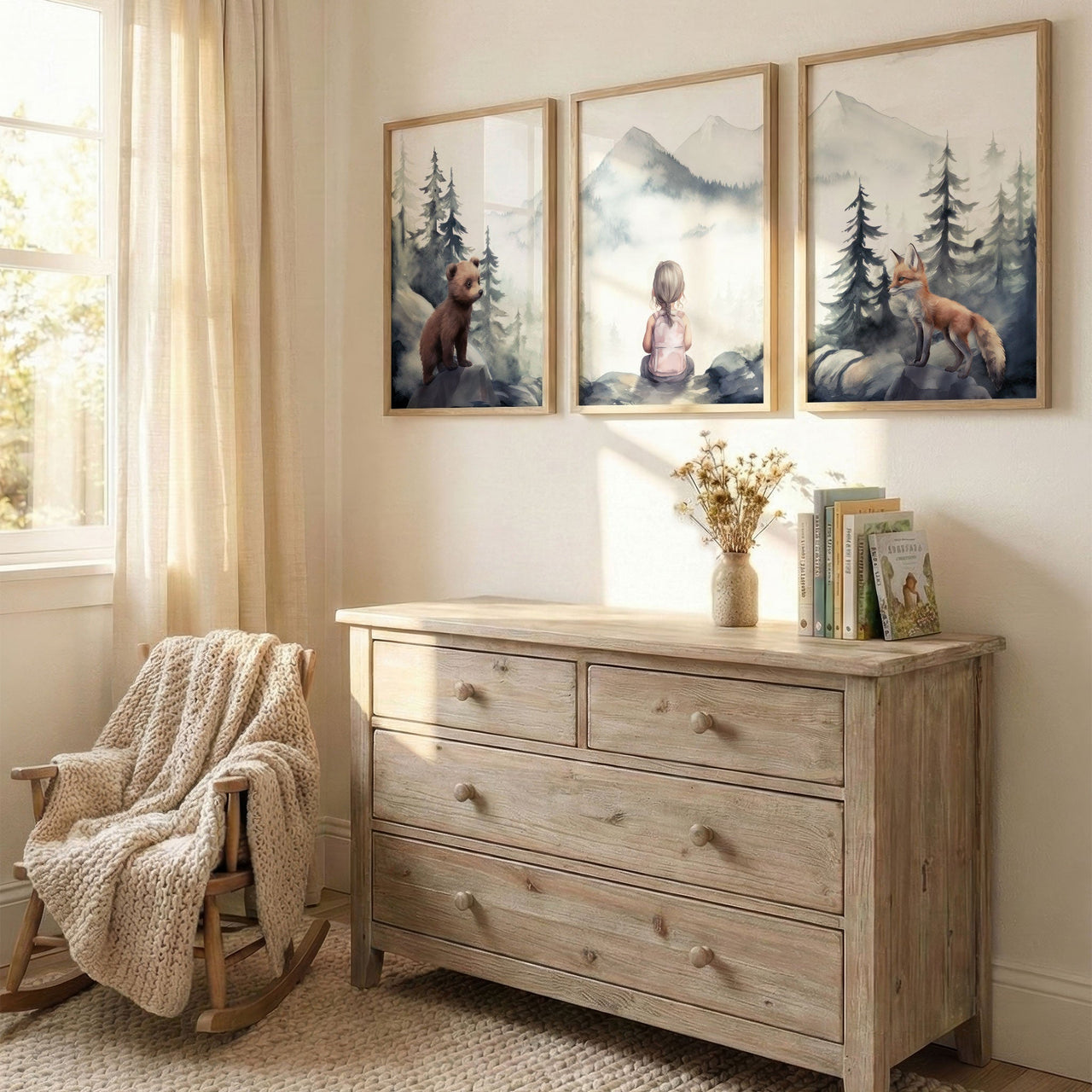 Woodland Animal Wall Art – Forest Nursery Prints for Girls • Set of 3