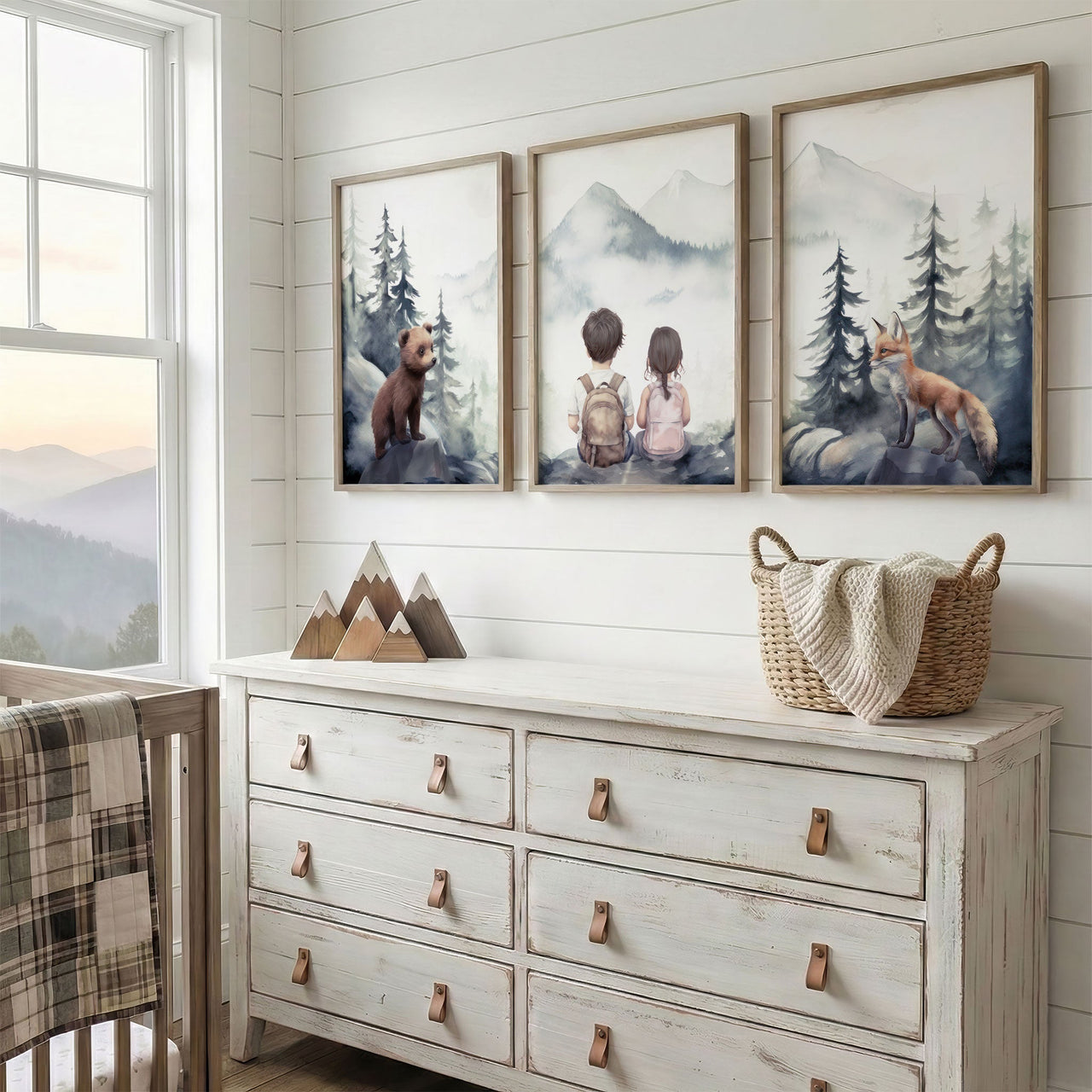 Woodland Animals Wall Art – Adventure Nursery Print for Siblings • Set of 3