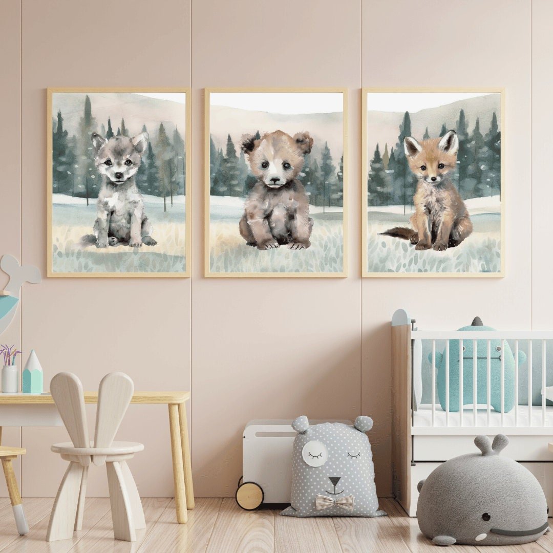 Woodland Baby Animal Nursery Wall Art, Bear, Wolf & Fox Decor - WildfieldPrints