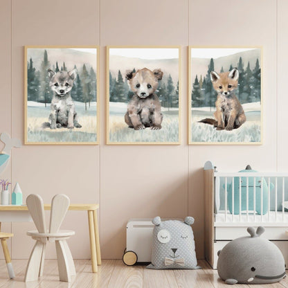 Woodland Baby Animal Nursery Wall Art, Bear, Wolf & Fox Decor - WildfieldPrints
