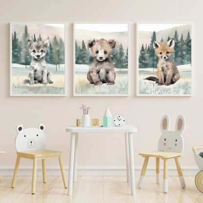 Woodland Baby Animal Nursery Wall Art, Bear, Wolf & Fox Decor - WildfieldPrints