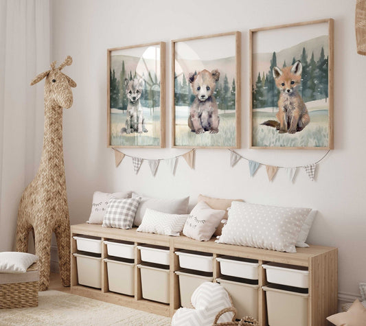 Woodland Baby Animal Nursery Wall Art, Bear, Wolf & Fox Decor - WildfieldPrints
