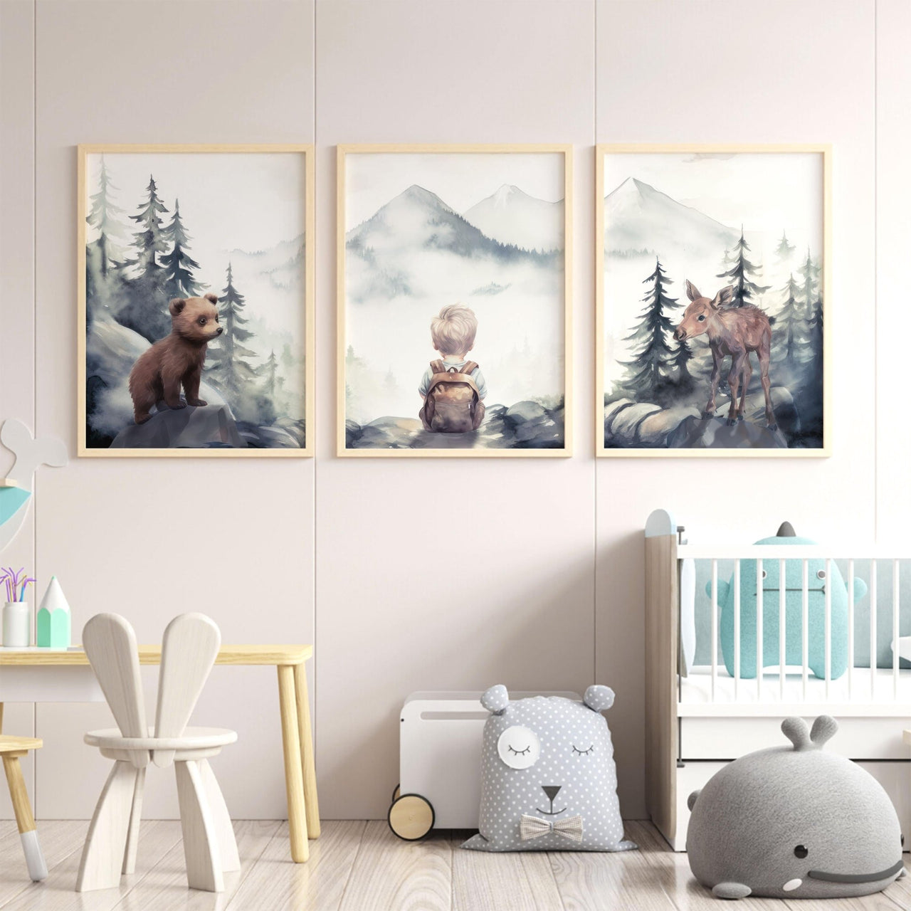 Moose & Bear Wall Art – Animal Boys Room Print • Set of 3
