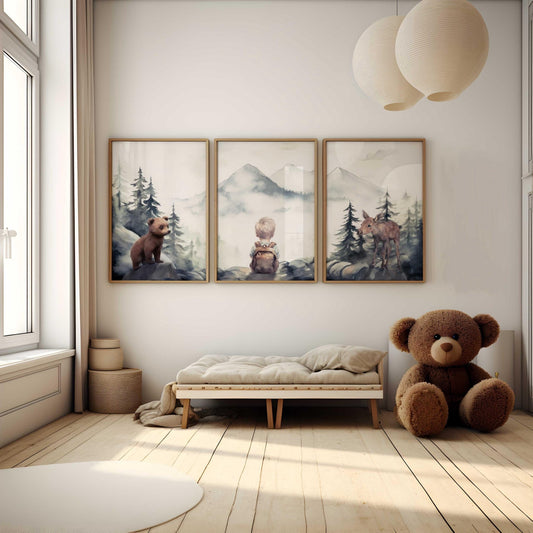 Woodland Forest Animal Nursery Decor, Moose & Bear Wall Art, Baby Animals - WildfieldPrints