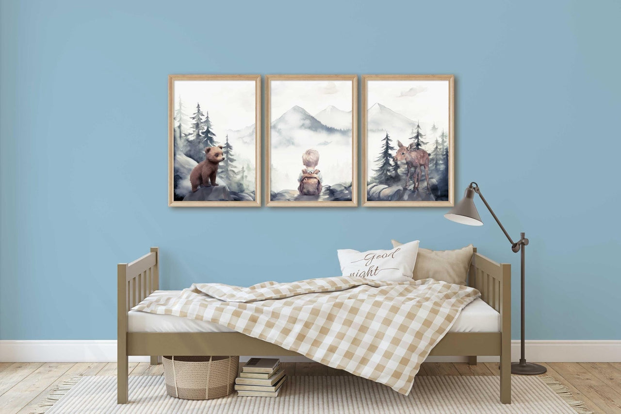 Moose & Bear Wall Art – Animal Boys Room Print • Set of 3