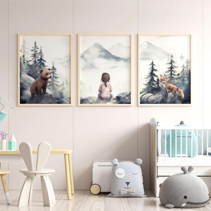 Woodland Nursery Decor Girls, Forest Animal Prints, Set of 3, Bear & Fox, Woodland Animals, Girls Room Nature Art,Printable Girl Bedroom Art - My Store