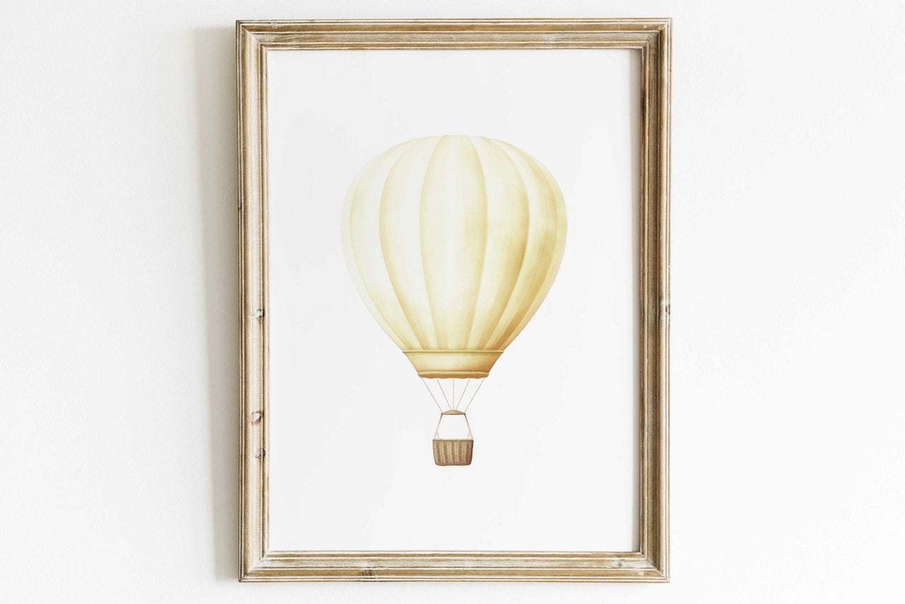 Yellow Hot Air Balloon Print – Vintage Kids Room Wall Art
