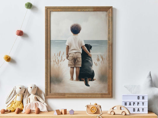 Yellow Labrador Nursery Art, Boy and Dog Print, Toddler Decor - WildfieldPrints