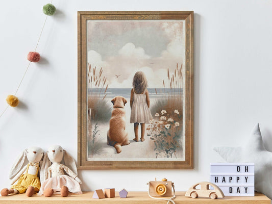 Yellow Labrador Nursery Art, Girl & Dog Decor, Lab Wall Print - WildfieldPrints
