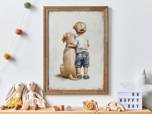 Yellow Labrador Nursery Decor, Boy and Dog Wall Art, Labrador Print - WildfieldPrints