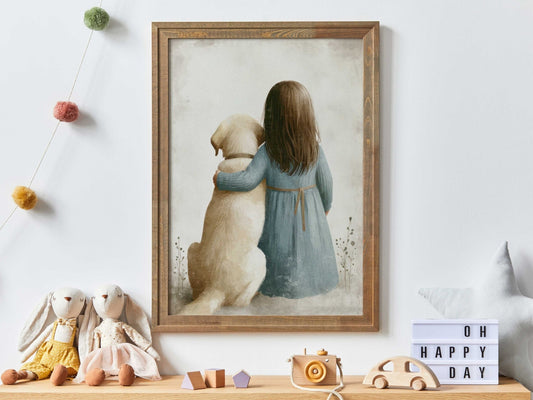 Yellow Labrador Nursery Print, Girl & Dog Wall Art, Kids Room Decor - WildfieldPrints