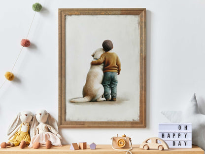 Yellow Labrador Print, Boy and Dog Wall Art, Cute Nursery Decor - WildfieldPrints