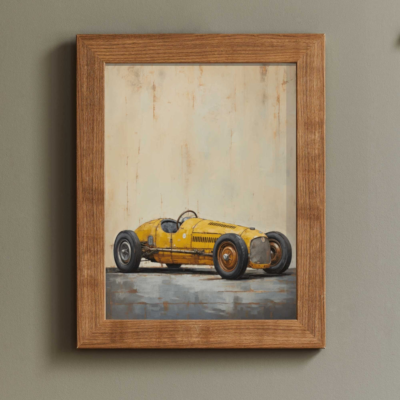 Yellow Vintage Racing Car Print – Automotive Living Room Wall Art
