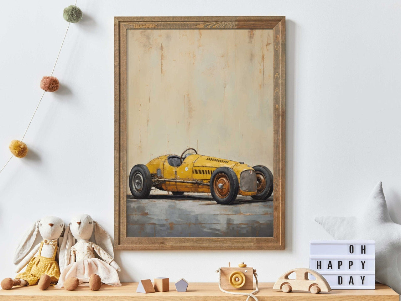 Yellow Vintage Racing Car Print – Automotive Living Room Wall Art